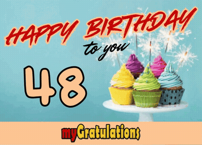 A Birthday Card With Cupcakes And Sparklers And The Number 48 GIF