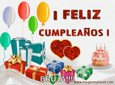 A Birthday Card With Gifts And Balloons Says Feliz Cumpleanos Bruja GIF