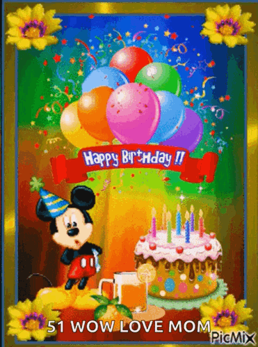 A Birthday Card With Mickey Mouse And A Cake With Candles GIF