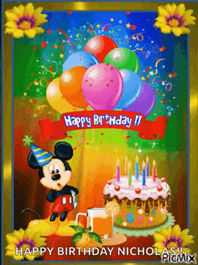 A Birthday Card With Mickey Mouse And Balloons And The Words Happy Birthday Nicholas GIF