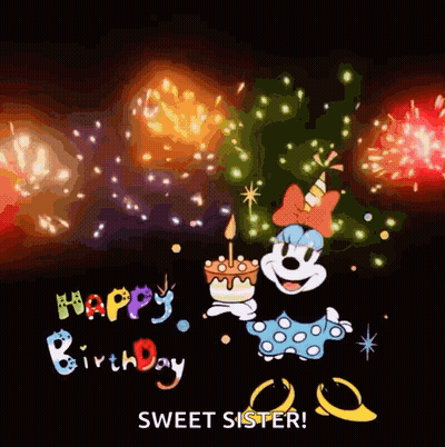 A Birthday Card With Minnie Mouse Holding A Cake And A Candle With Fireworks In The Background GIF