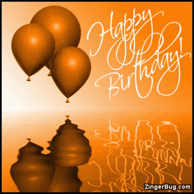 A Birthday Card With Orange Balloons And The Words Happy Birthday On It GIF