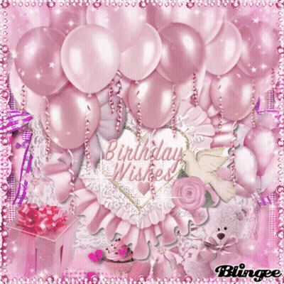 A Birthday Card With Pink Balloons And A Heart That Says " Birthday Wishes " GIF