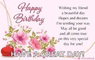 A Birthday Card With Pink Flowers And A Red Heart . GIF