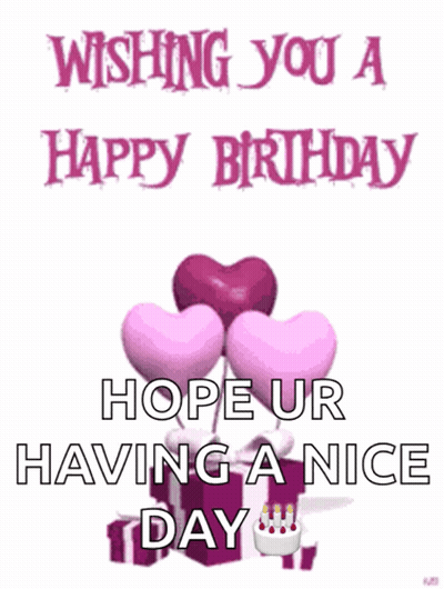 A Birthday Card With Pink Hearts And A Cake GIF