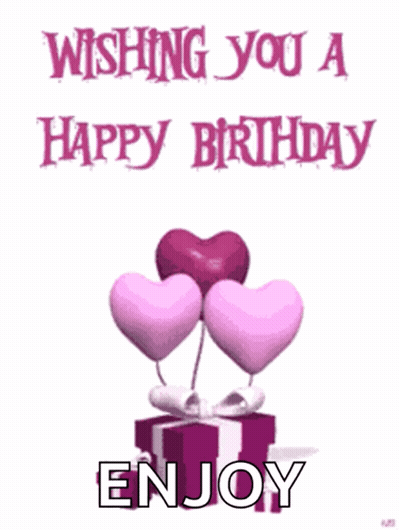 A Birthday Card With Pink Hearts And A Gift Box With The Words Wishing You A Happy Birthday Enjoy GIF