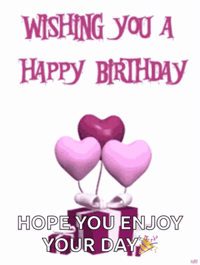A Birthday Card With Pink Hearts And A Gift Box With The Words Wishing You A Happy Birthday Hope You Enjoy Your Day GIF
