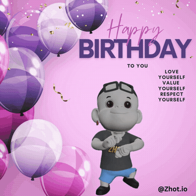 A Birthday Card With Purple Balloons And A Cartoon Character GIF