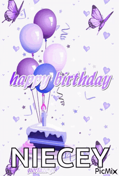 A Birthday Card With Purple Balloons And Butterflies And The Name Niecey GIF