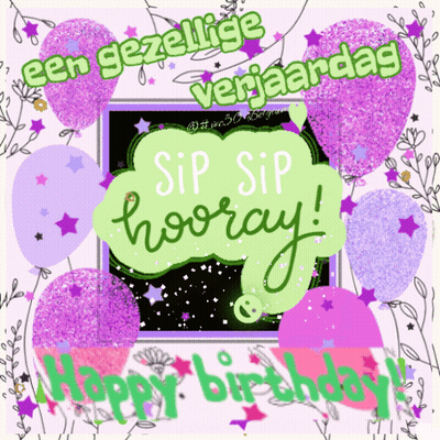 A Birthday Card With Purple Balloons And The Words Sip Sip Hooray On It GIF