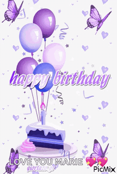 A Birthday Card With Purple Butterflies And Balloons Says Happy Birthday Love You Marie GIF