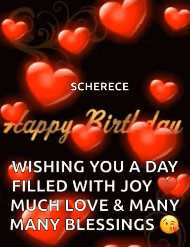 A Birthday Card With Red Hearts And The Name Scherece GIF