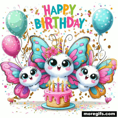 A Birthday Card With Three Butterflies And A Cake GIF