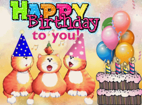 A Birthday Card With Three Cats And A Cake GIF