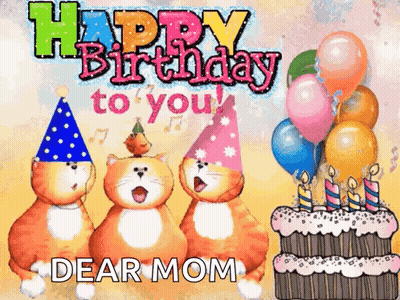 A Birthday Card With Three Cats Wearing Party Hats And A Birthday Cake GIF