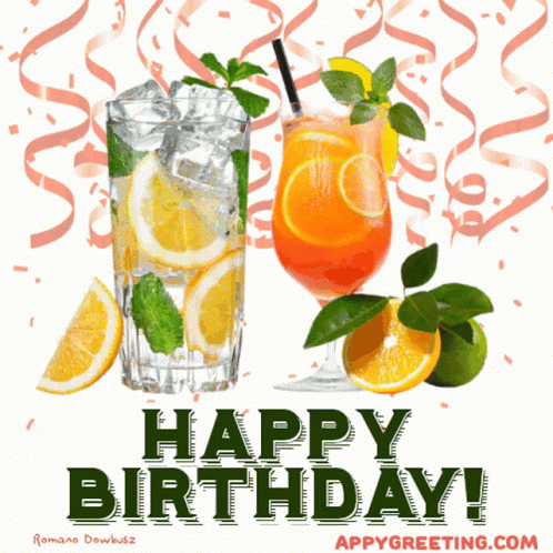 A Birthday Card With Two Drinks And The Words Happy Birthday On The Bottom GIF