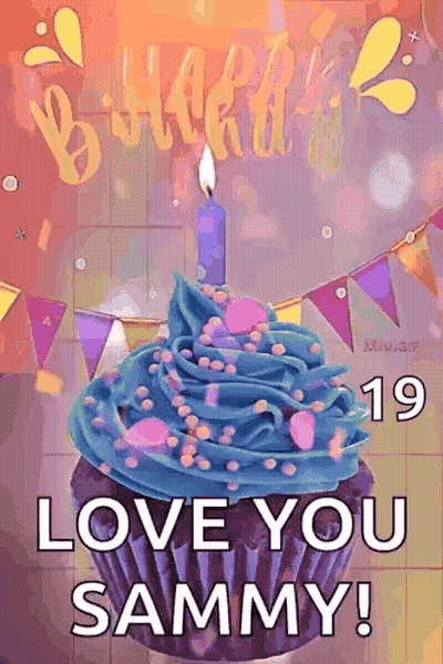 A Birthday Cupcake With Blue Frosting And A Candle On It . GIF
