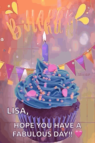 A Birthday Cupcake With Blue Frosting And A Candle On It GIF
