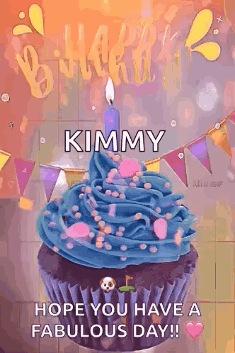 A Birthday Cupcake With Blue Frosting And A Candle On Top GIF