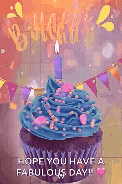A Birthday Cupcake With Blue Frosting And A Candle On Top Of It . GIF