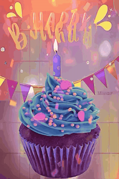 A Birthday Cupcake With Blue Frosting And A Candle On Top GIF