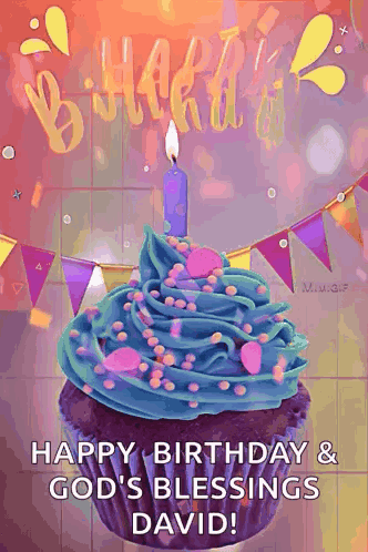 A Birthday Cupcake With Blue Frosting And A Candle On Top . GIF