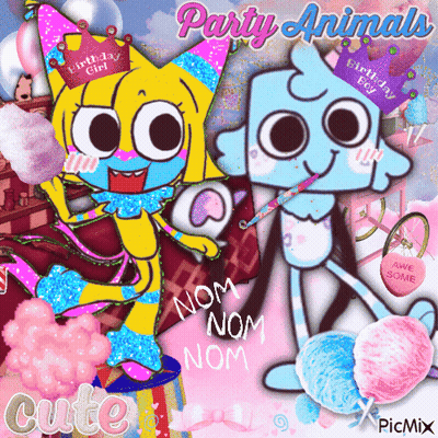 A Birthday Girl And A Birthday Boy Are Standing Next To Each Other With The Words Party Animals Above Them GIF