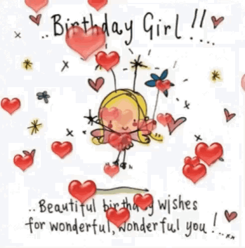A Birthday Girl Is Surrounded By Hearts And Flowers On A Birthday Card . GIF