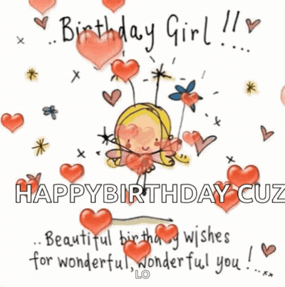A Birthday Girl Is Surrounded By Hearts And Flowers On A Card . GIF