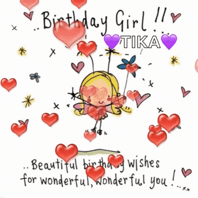 A Birthday Girl Tika Greeting Card With A Fairy Surrounded By Hearts GIF