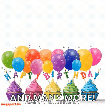 A Birthday Greeting Card With Cupcakes And Balloons That Says Happy Birthday And Many More GIF