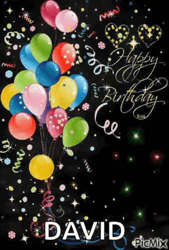 A Birthday Greeting For David With Balloons And Confetti GIF