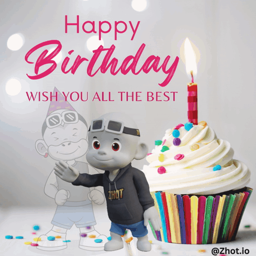 A Birthday Song With A Monkey And A Cupcake With A Candle GIF