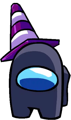 A Black Among Us Character Wearing A Purple And White Party Hat Sticker
