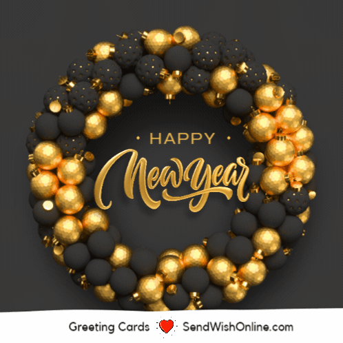 A Black And Gold Wreath With The Words Happy New Year Written In Gold GIF