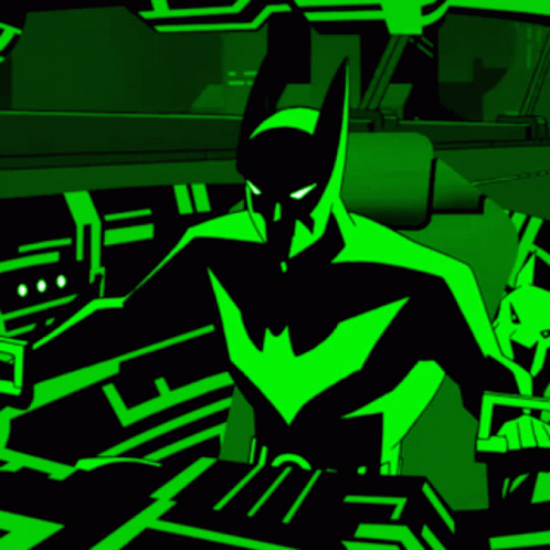 A Black And Green Cartoon Of Batman In A Dark Room GIF