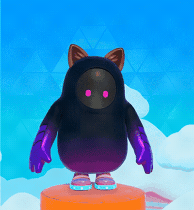 A Black And Purple Cartoon Character With Pink Eyes Is Standing On An Orange Block GIF