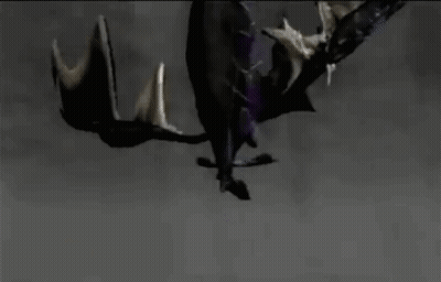 A Black And Purple Dragon Is Flying Through The Air In A Dark Room . GIF