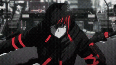 A Black And Red Anime Character Is Holding A Sword And Walking Down A Street . GIF
