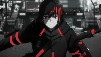 A Black And Red Anime Character With The Letter M On His Arm GIF