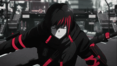 A Black And Red Anime Character With The Letter X On His Arm Is Holding A Sword GIF