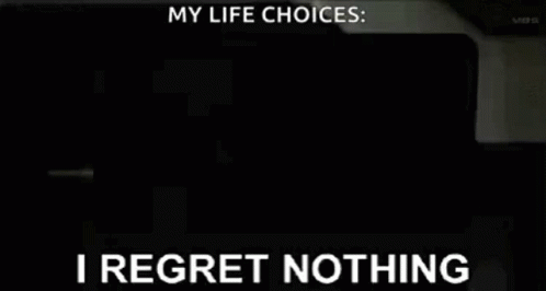 A Black And White Anime Character Is Smiling And Says `` I Regret Nothing '' . GIF