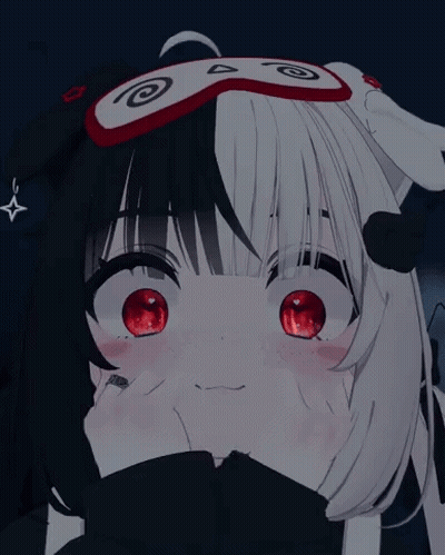 A Black And White Anime Character With Red Eyes And A Swirl On Her Head GIF