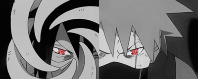 A Black And White Anime Character With Red Eyes GIF