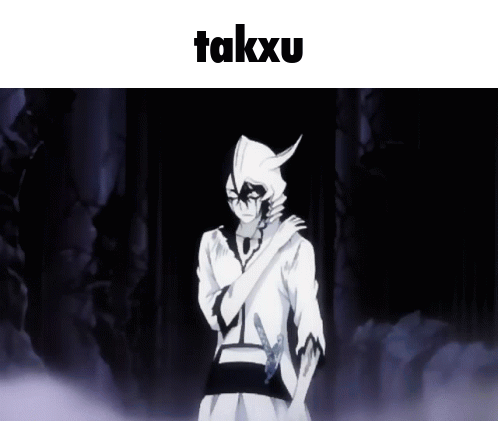 A Black And White Anime Character With The Word Takxu On The Top GIF