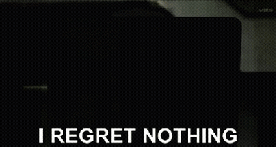 A Black And White Anime Character With The Words I Regret Nothing GIF