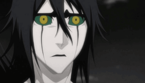 A Black And White Anime Character With Yellow Eyes GIF