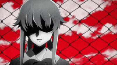 A Black And White Anime Girl Is Standing In Front Of A Chain Link Fence With Her Eyes Covered . GIF