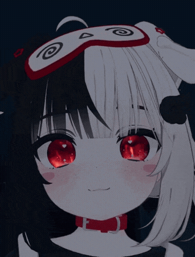 A Black And White Anime Girl With Red Eyes And A Sleep Mask On Her Head GIF