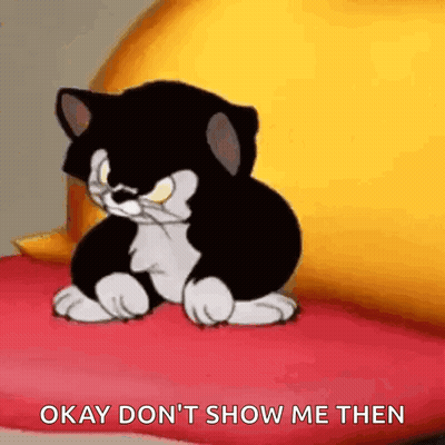A Black And White Cartoon Cat Is Sitting On A Red Pillow With The Words `` Okay Don 'T Show Me Then '' . GIF